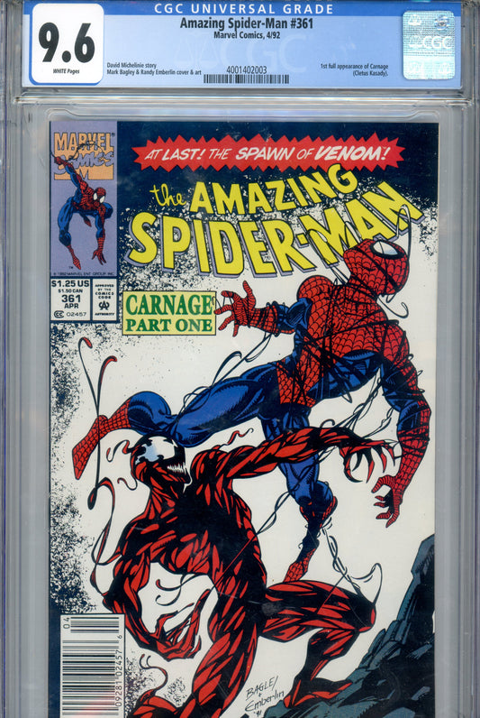 1992 Amazing Spider-Man #361 Graded Comic Book 1st Carnage Appearance CGC 9.6 Newsstand