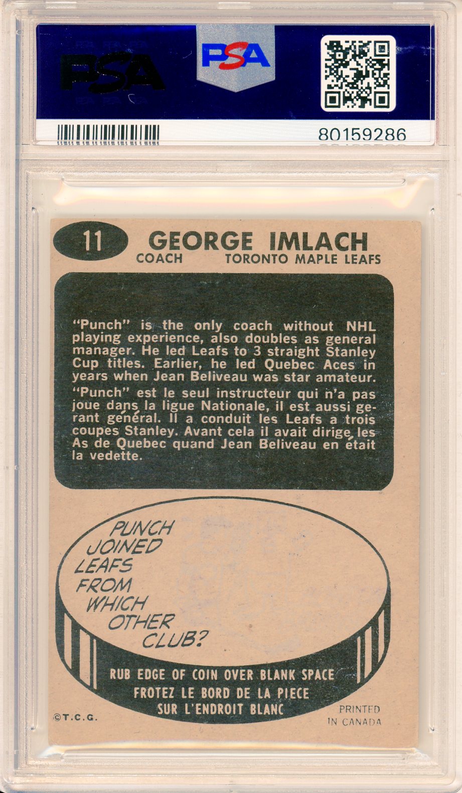 1965 Topps Punch Imlach Coach Graded Hockey Card PSA 3