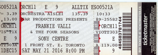 Frankie Valli & the Four Seasons Concert Ticket Stub Sony Centre (Toronto, 2016)