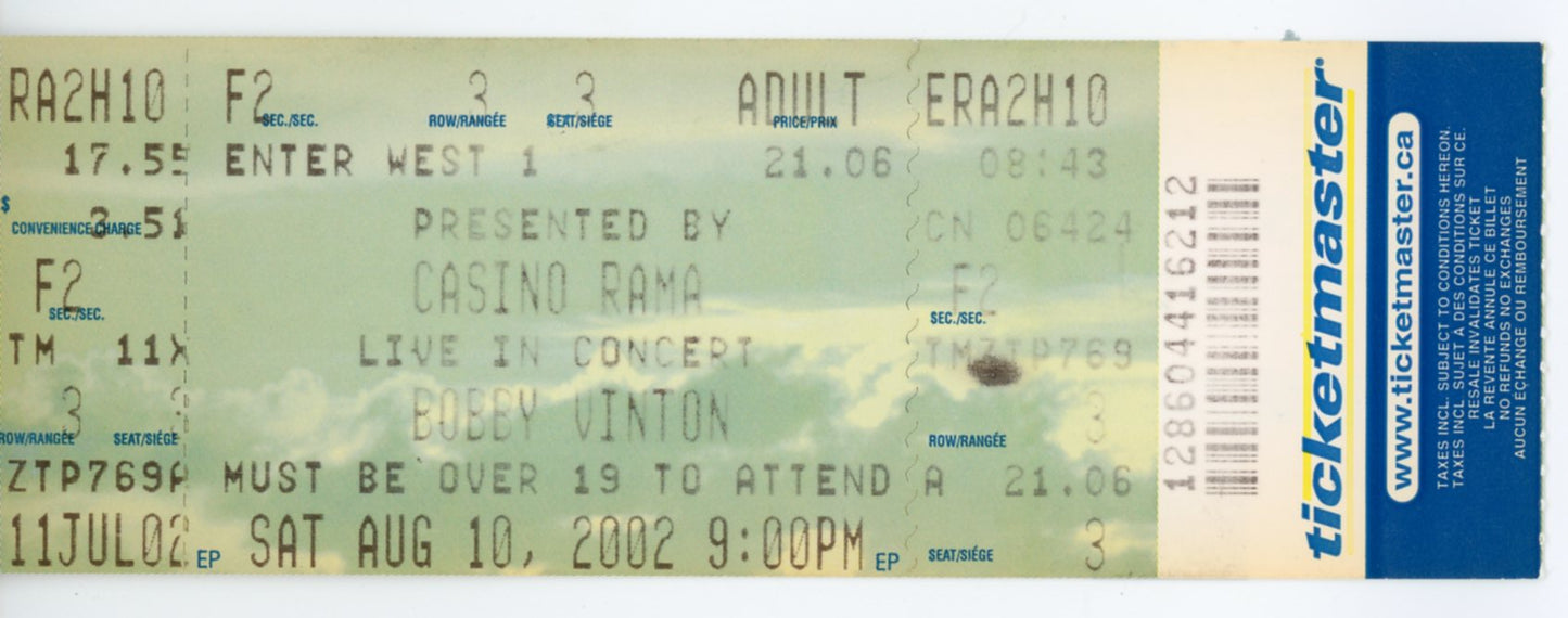 Bobby Vinton Vintage Concert Ticket Stub Casino Rama (Orillia, 2002)