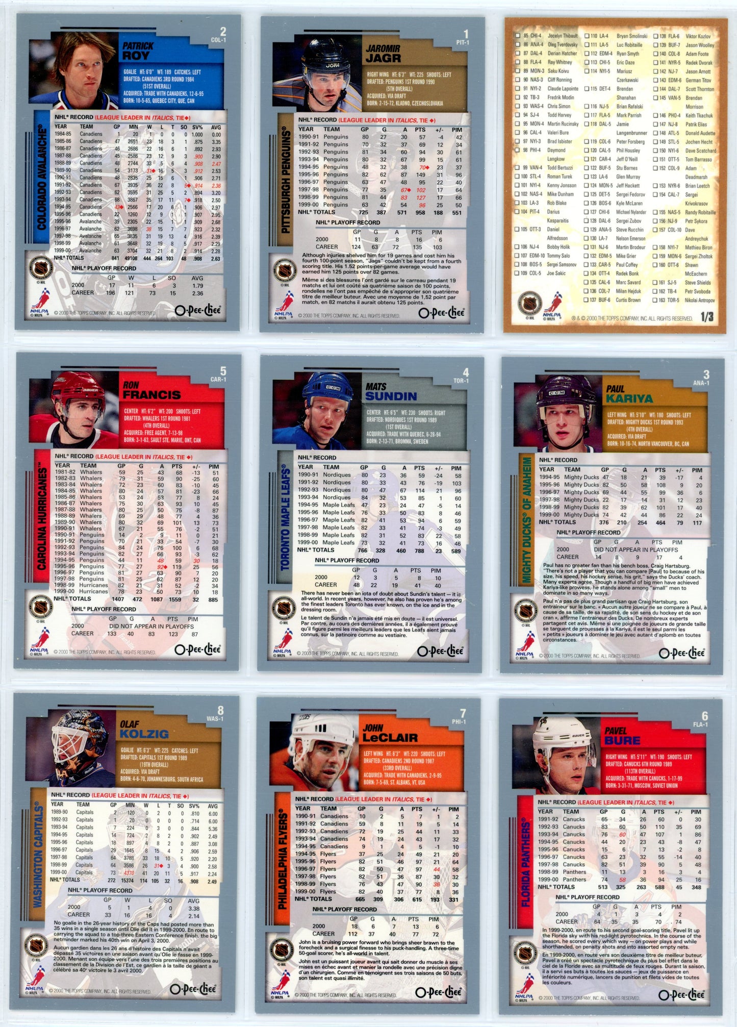 2000/01 OPC O-Pee-Chee NHL Hockey Complete Set (330 Cards) + Oversize Inserts (10 Cards)