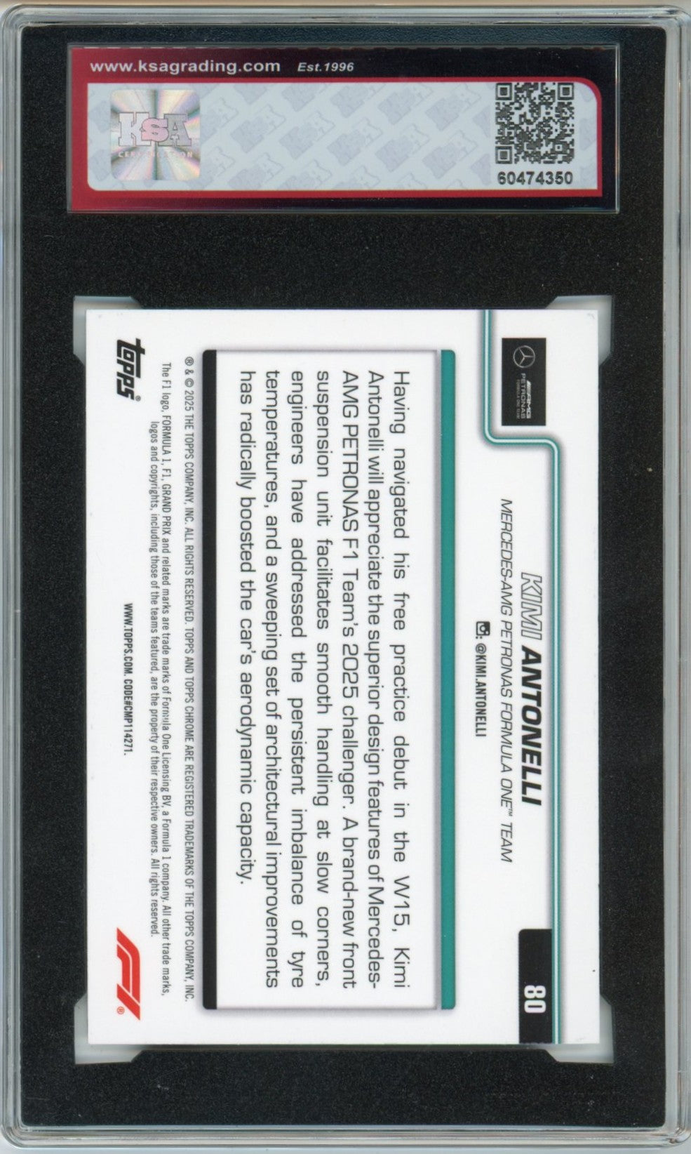2025 Topps Chrome Formula 1 Kimi Antonelli F1 Car Graded Rookie Card #80 KSA 9