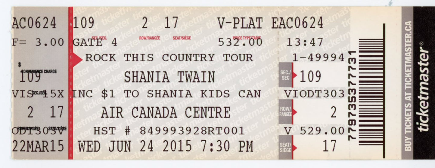 Shania Twain Concert Ticket Stub Air Canada Centre (Toronto, 2015)