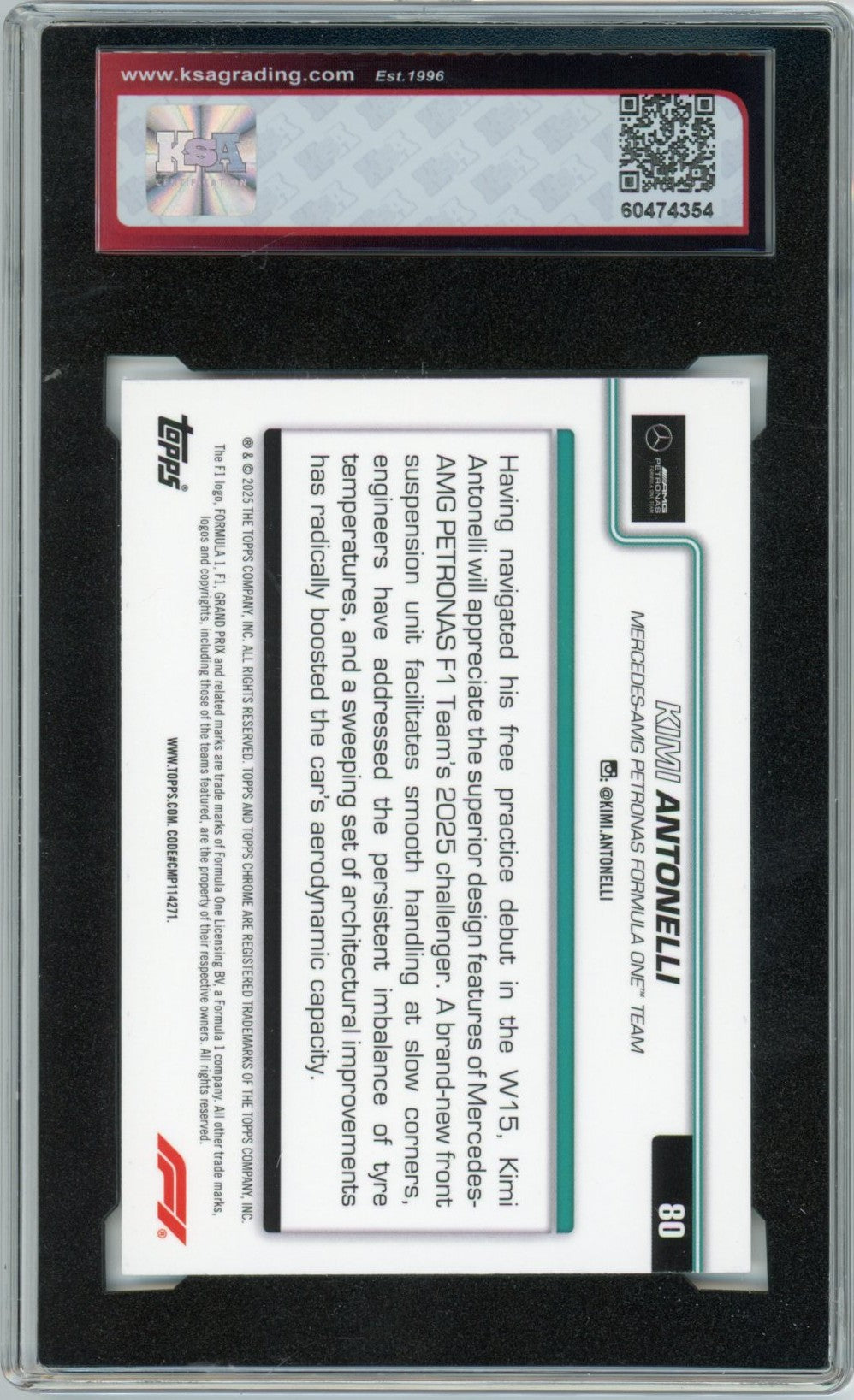 2025 Topps Chrome Formula 1 Kimi Antonelli F1 Car #80 Graded Rookie Card KSA 9