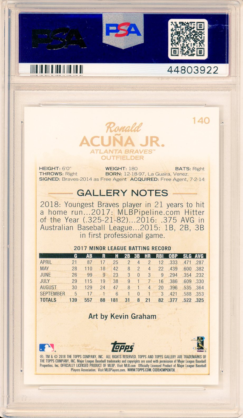 2018 Topps Gallery Ronald Acuna Jr. Graded Rookie Card PSA 10