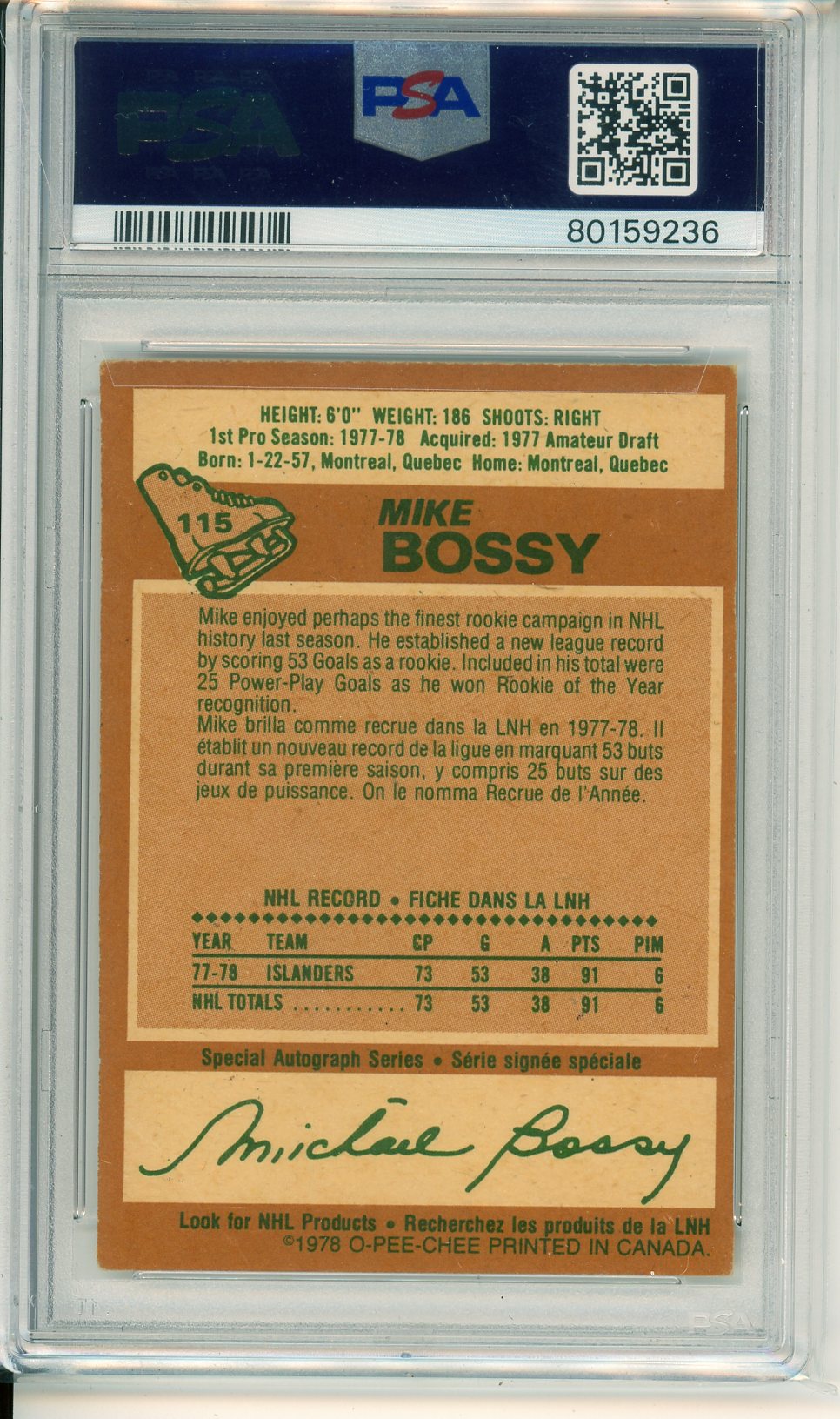 1978 O-Pee-Chee Mike Bossy Graded Rookie Card PSA 4