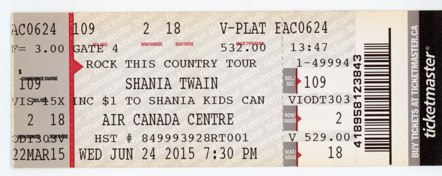 Shania Twain Concert Ticket Air Canada Centre (Toronto, 2015)