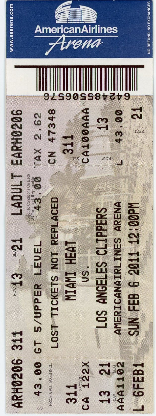 Miami Heat vs. Los Angeles Clippers Ticket Stub American Airlines Arena (Miami, 2011) LeBron James