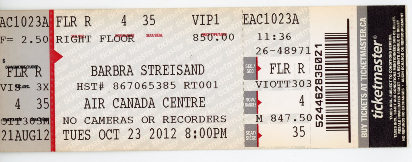 Barbra Streisand Vintage Concert Ticket Stub Air Canada Centre (Toronto, 2012)