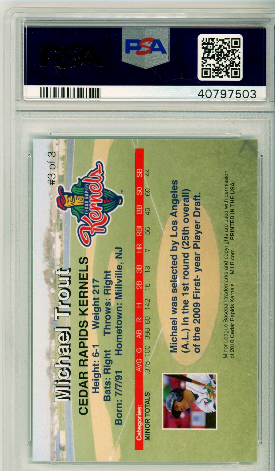 2010 Cedar Rapids Kernels Mike Trout Rising Alumni Graded Baseball Card PSA 9