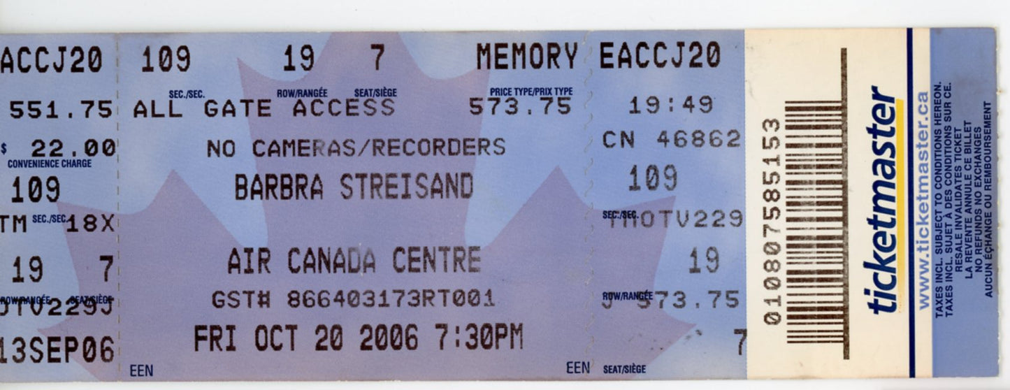 Barbra Streisand Vintage Concert Ticket Stub Air Canada Centre (Toronto, 2006)