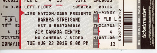 Barbra Streisand Concert Ticket Stub Air Canada Centre (Toronto, 2016)