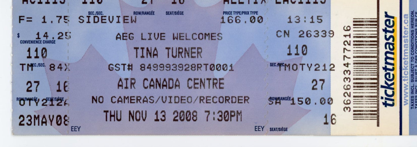 Tina Turner Concert Ticket Stub Air Canada Centre (Toronto, 2008)