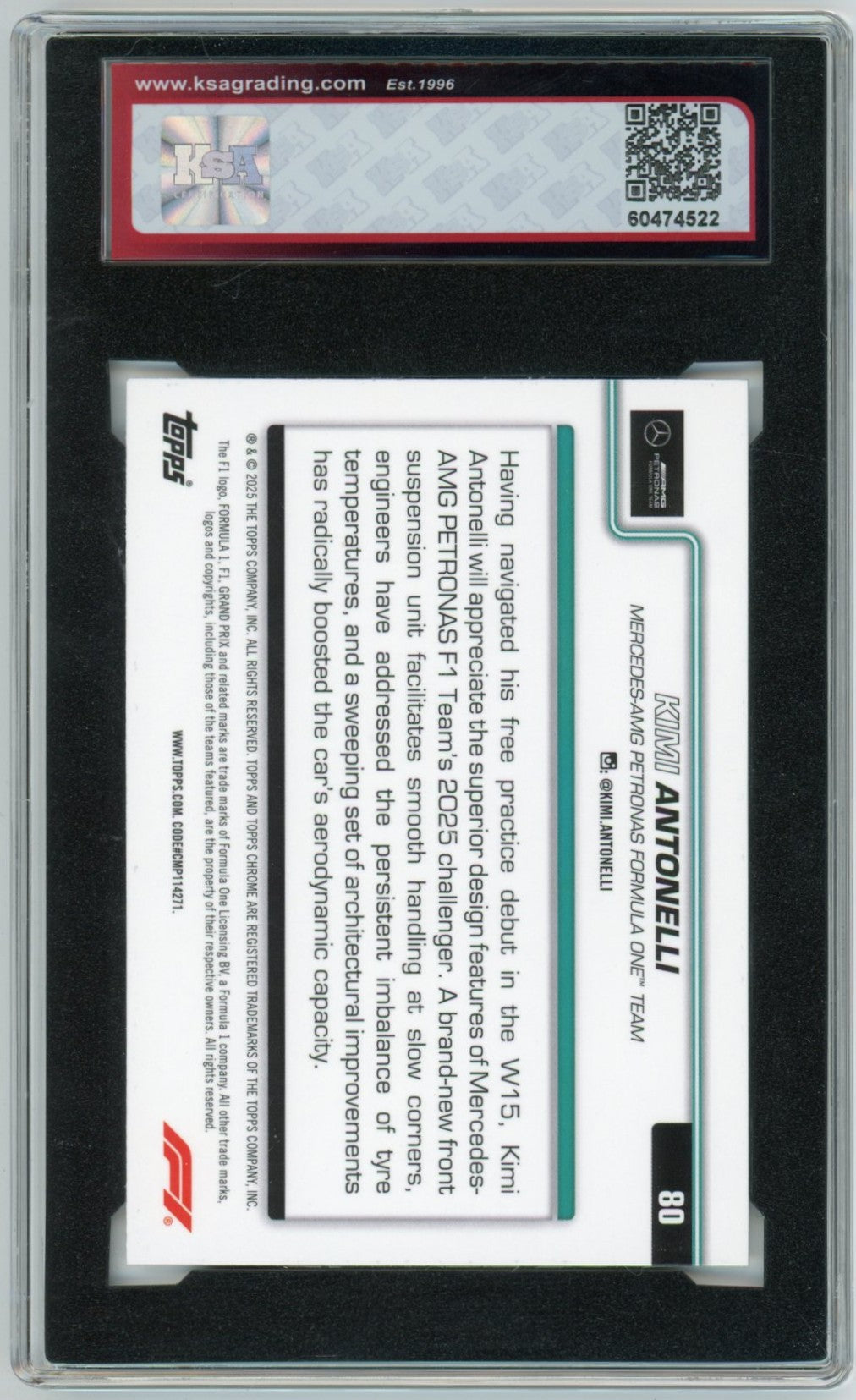 2025 Topps Chrome F1 Formula 1 Kimi Antonelli Car #80 Graded Rookie Card KSA 9