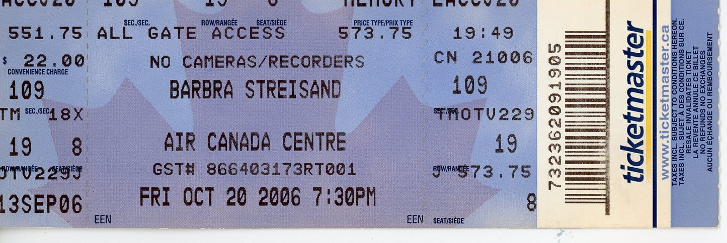 Barbra Streisand Vintage Concert Ticket Stub Air Canada Centre (Toronto, 2006)