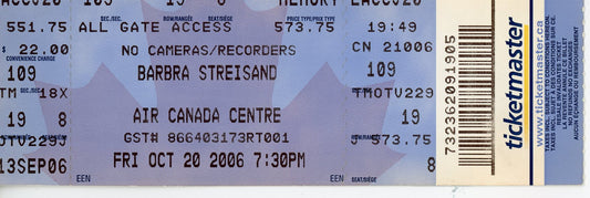 Barbra Streisand Vintage Concert Ticket Stub Air Canada Centre (Toronto, 2006)