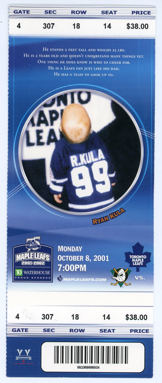Toronto Maple Leafs vs. Anaheim Ducks Ticket Stub Air Canada Centre (Toronto, 2001)