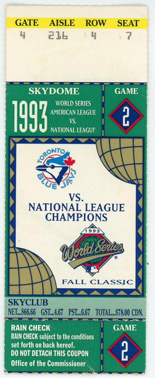 Toronto Blue Jays '93 World Series Fall Classic Game 2 Ticket Stub Skydome (Toronto, 1993)
