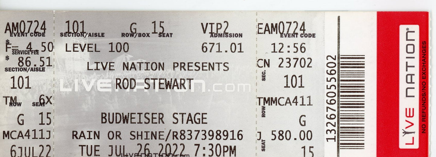 Rod Stewart Concert Ticket Stub Budweiser Stage (Toronto, 2022)