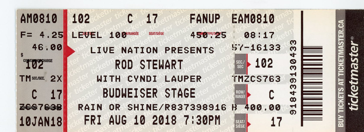 Rod Stewart/Cyndi Lauper Concert Ticket Stub Budweiser Stage (Toronto, 2018)