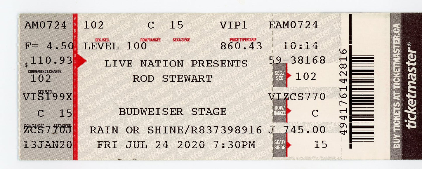Rod Stewart Concert Ticket Stub Budweiser Stage (Toronto, 2020)