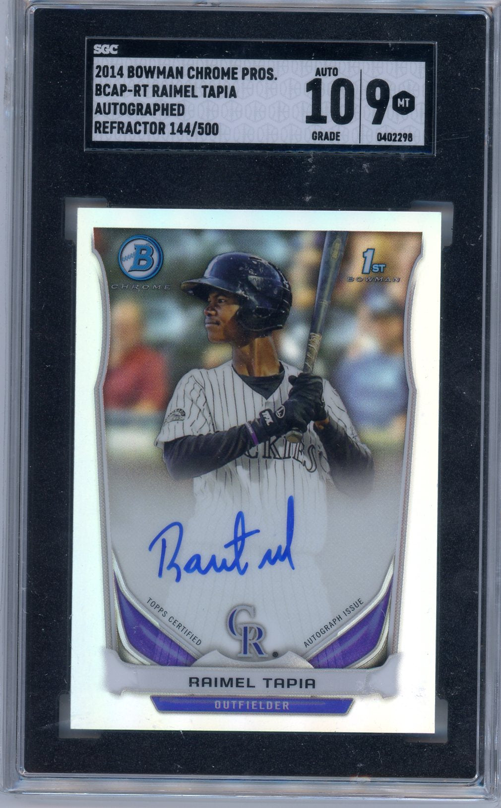 2014 Bowman Chrome Prospects Raimel Tapia Graded Autograph Card Refractor /500 SGC 9