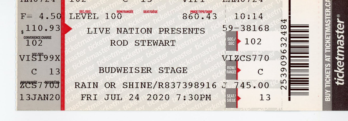 Rod Stewart Concert Ticket Budweiser Stage (Toronto, 2020)