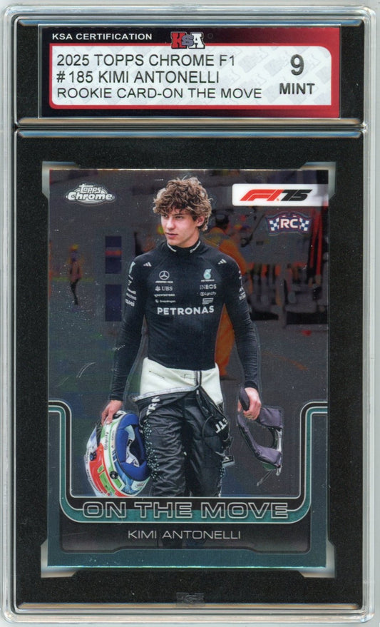 2025 Topps Chrome F1 Formula 1 Kimi Antonelli On the Move #185 Graded Rookie Card KSA 9