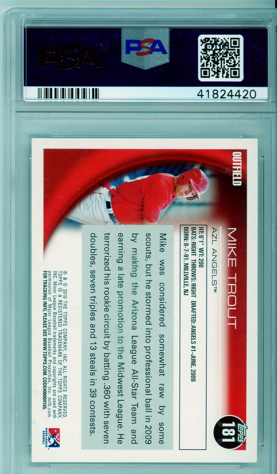 2010 Topps Pro Debut Mike Trout Graded Baseball Card PSA 9