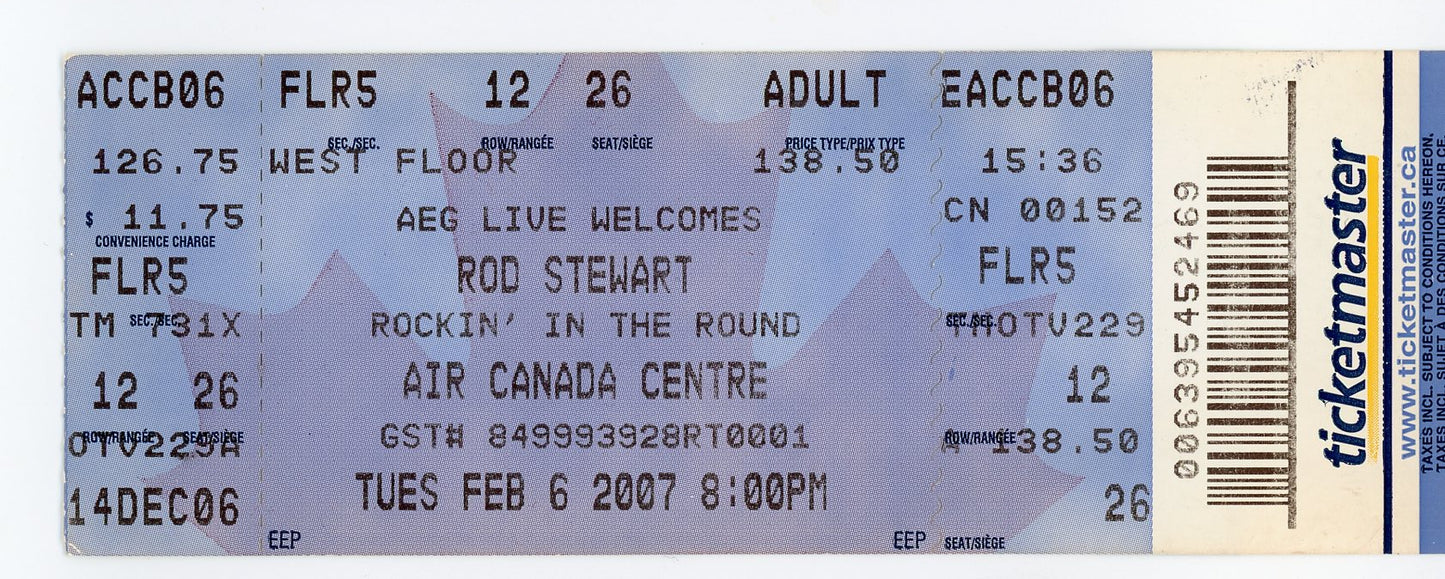 Rod Stewart Vintage Concert Ticket Stub Air Canada Centre (Toronto, 2007)