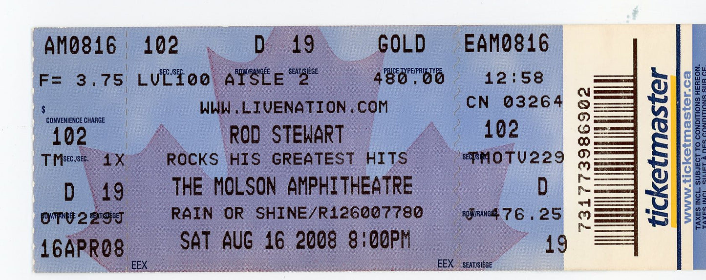 Rod Stewart Vintage Concert Ticket Stub Molson Amphitheatre (Toronto, 2008)