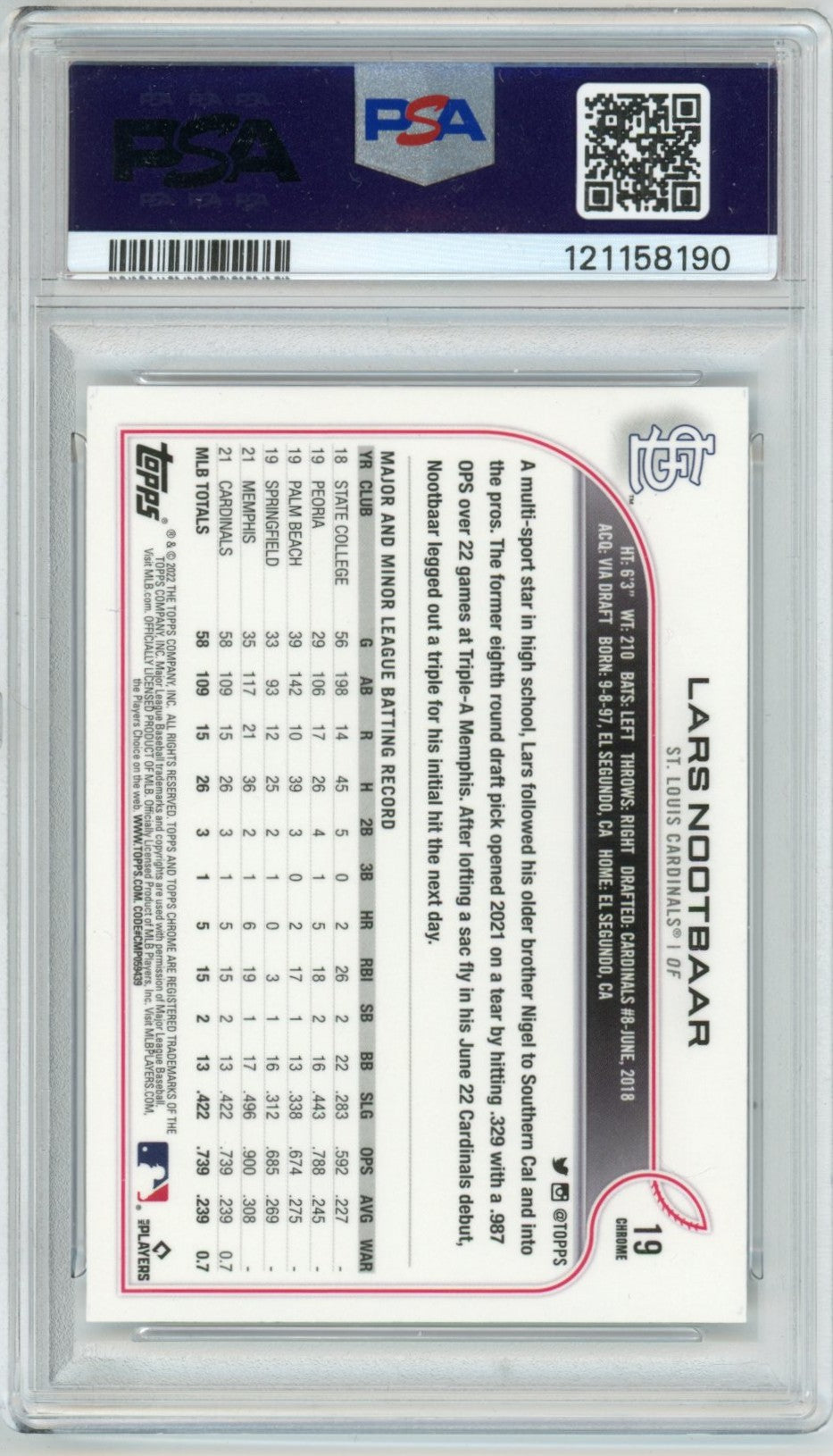 2022 Topps Chrome Sonic Lars Nootbaar B&W Raywave Refractor Graded Rookie Card #19 PSA 9