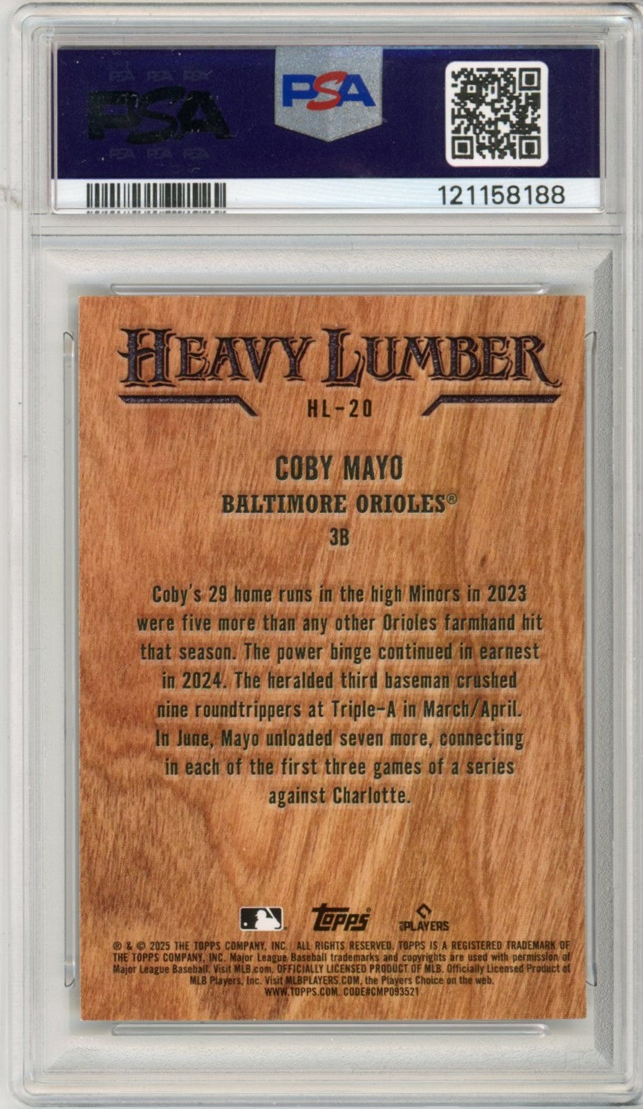 2025 Topps Coby Mayo Heavy Lumber Graded Baseball Card #HL20 PSA 9