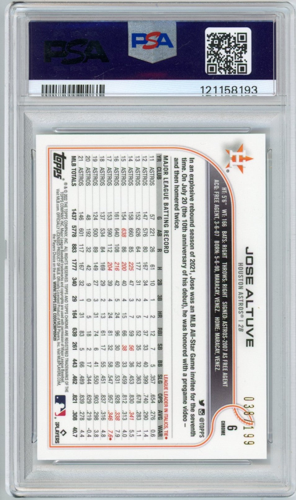 2022 Topps Chrome Sonic Jose Altuve Aqua/Pink Refractor Graded Baseball Card #6 PSA 9