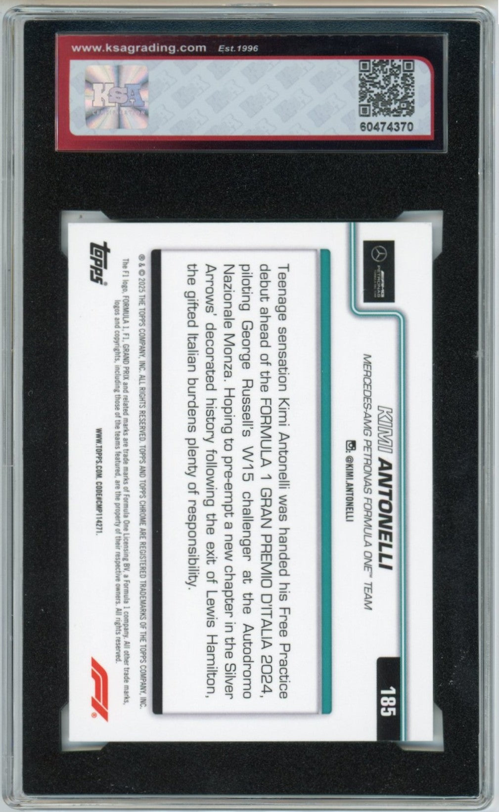 2025 Topps Chrome F1 Formula 1 Kimi Antonelli On the Move Graded Rookie Card KSA 9