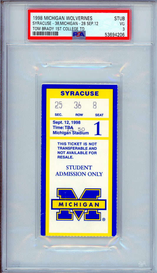 1998 Michigan Wolverines vs. Syracuse College Graded Football Ticket PSA 3 Tom Brady