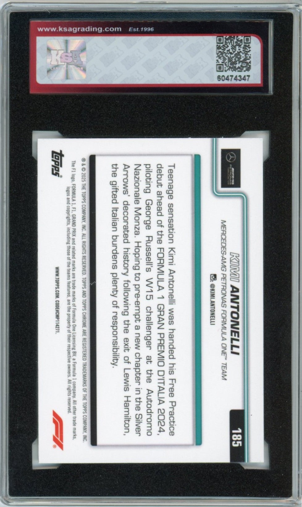2025 Topps Chrome F1 Formula 1 Kimi Antonelli Graded Rookie Card #185 KSA 9