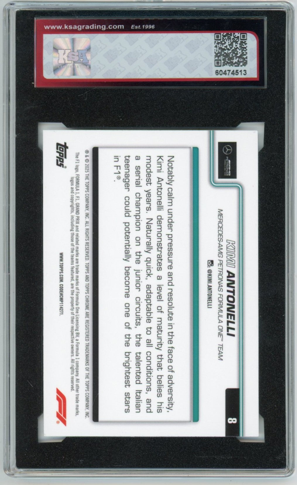 2025 Topps Chrome F1 Formula 1 Kimi Antonelli Graded Rookie Card #8 KSA 9