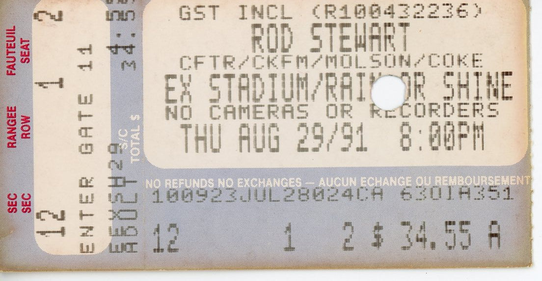 Rod Stewart Vintage Concert Ticket Exhibition Stadium (Toronto, 1991)