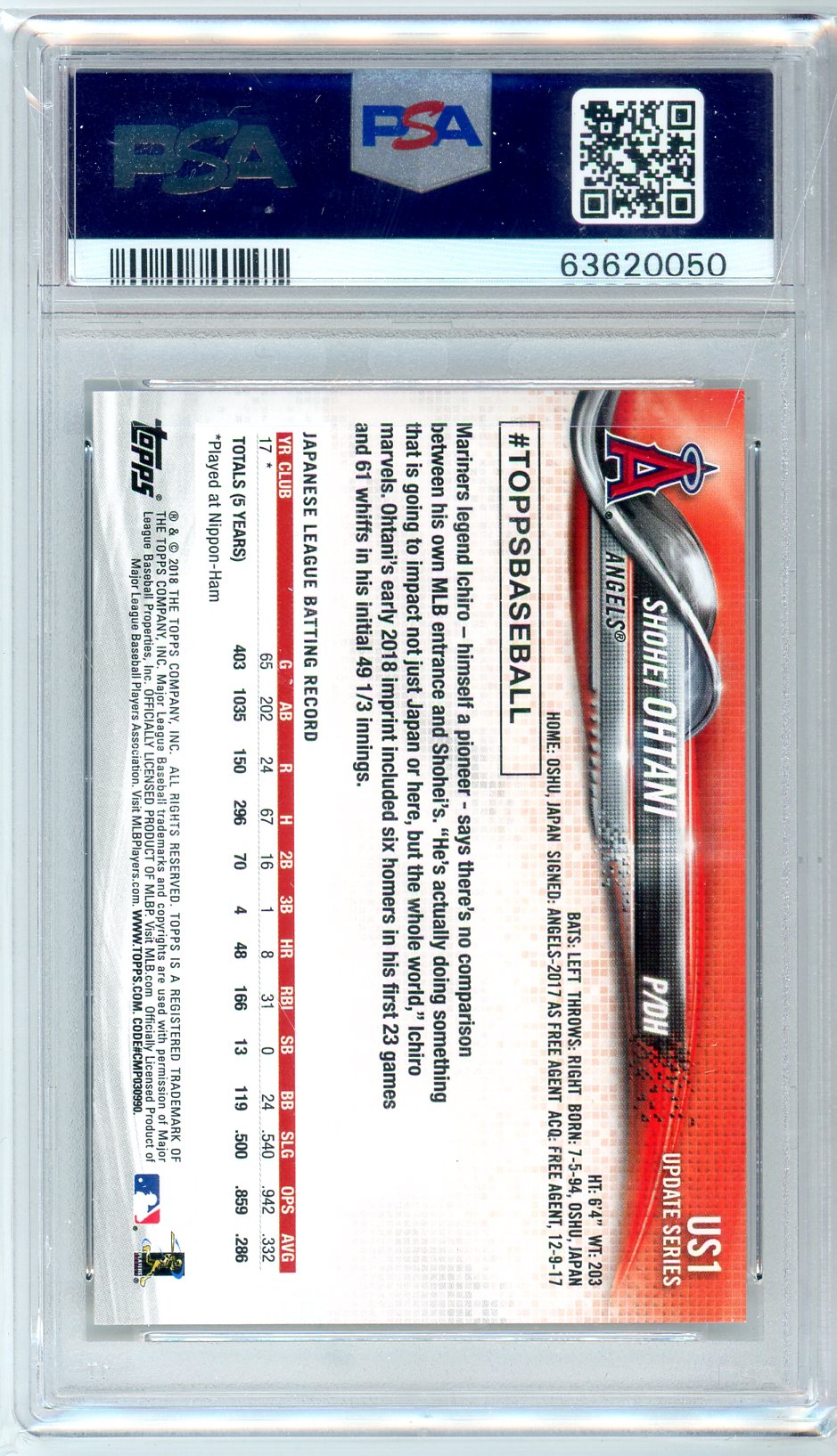 2018 Topps Update Shohei Ohtani Graded Rookie Card #US1 PSA 10