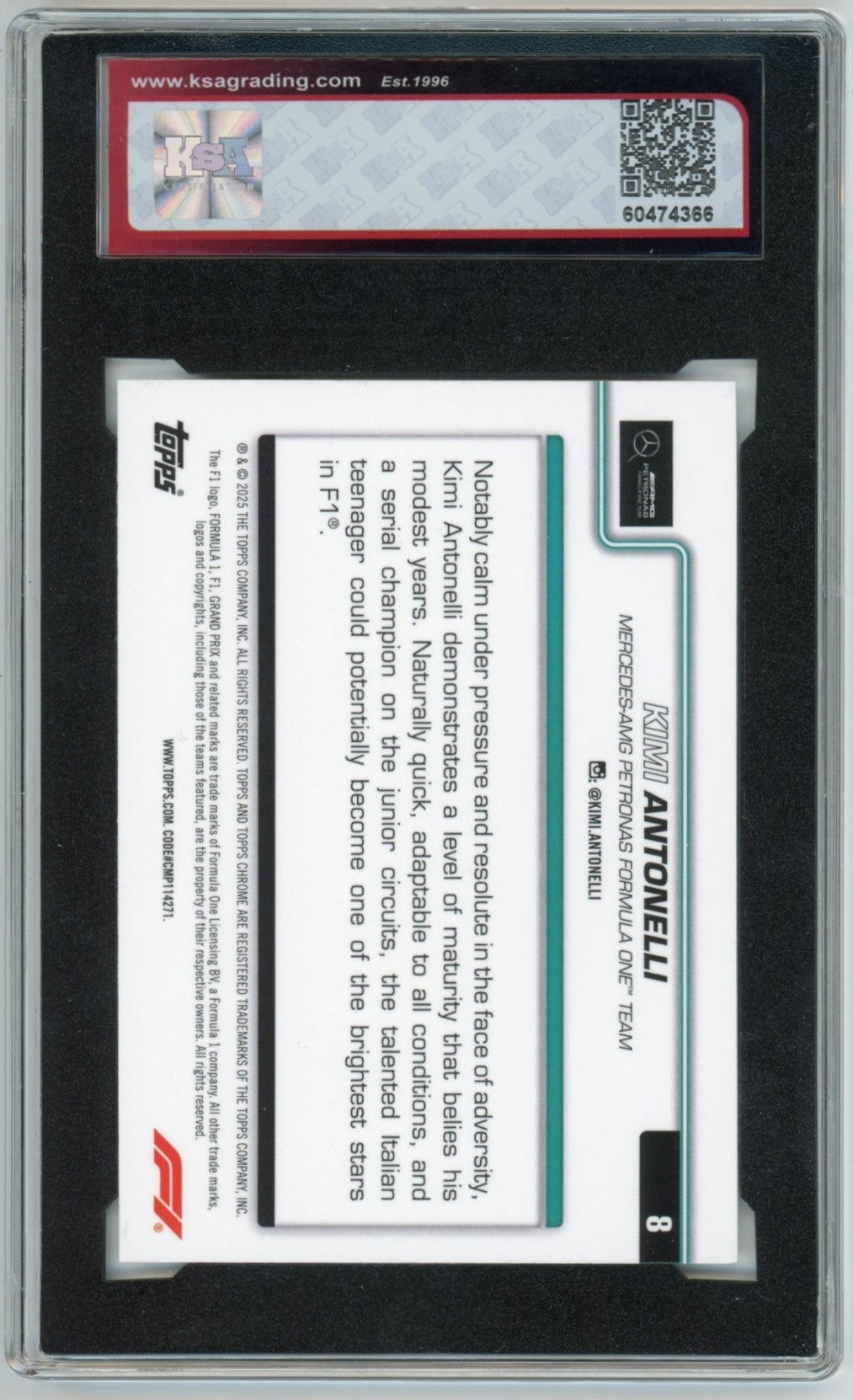 2025 Topps Chrome F1 Formula 1 Kimi Antonelli #8 Graded Rookie Card KSA 9