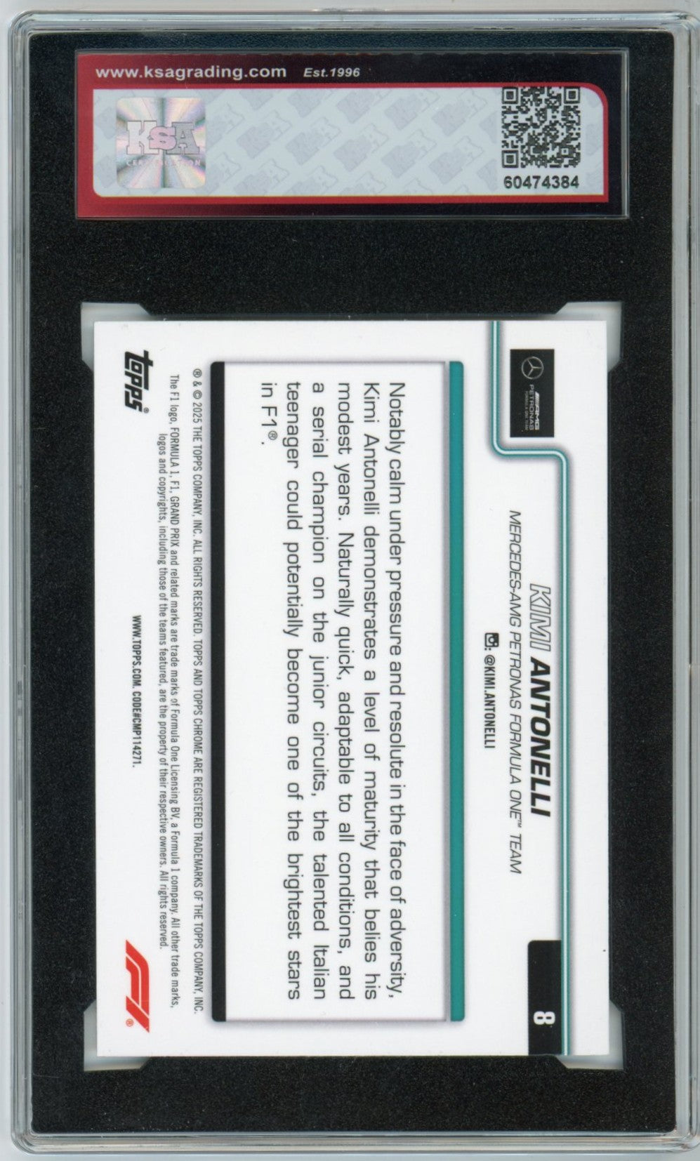 2025 Topps Chrome F1 Formula 1 #8 Kimi Antonelli Graded Rookie Card KSA 9