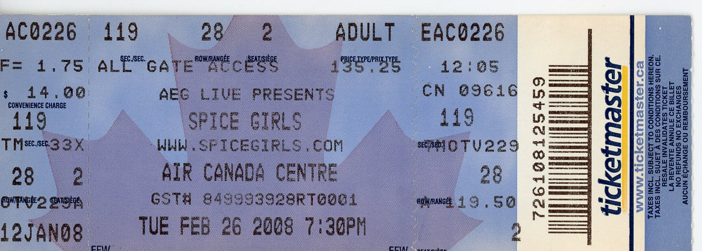 Spice Girls Vintage Concert Ticket Stub Air Canada Centre (Toronto, 2008)