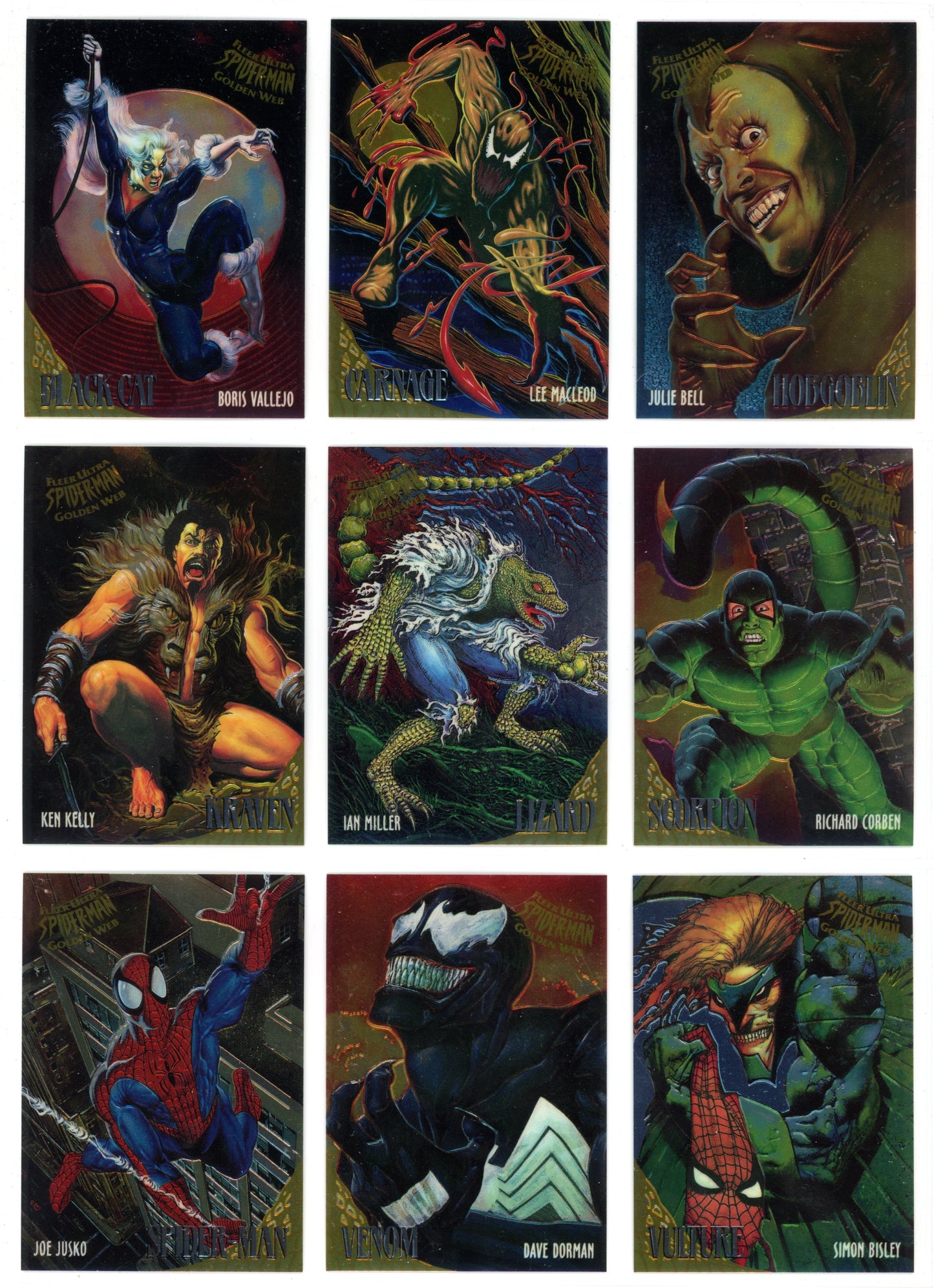 1995 Fleer Ultra Spider-Man Golden Web Limited Edition Insert Trading Card Complete Set (9 Cards)