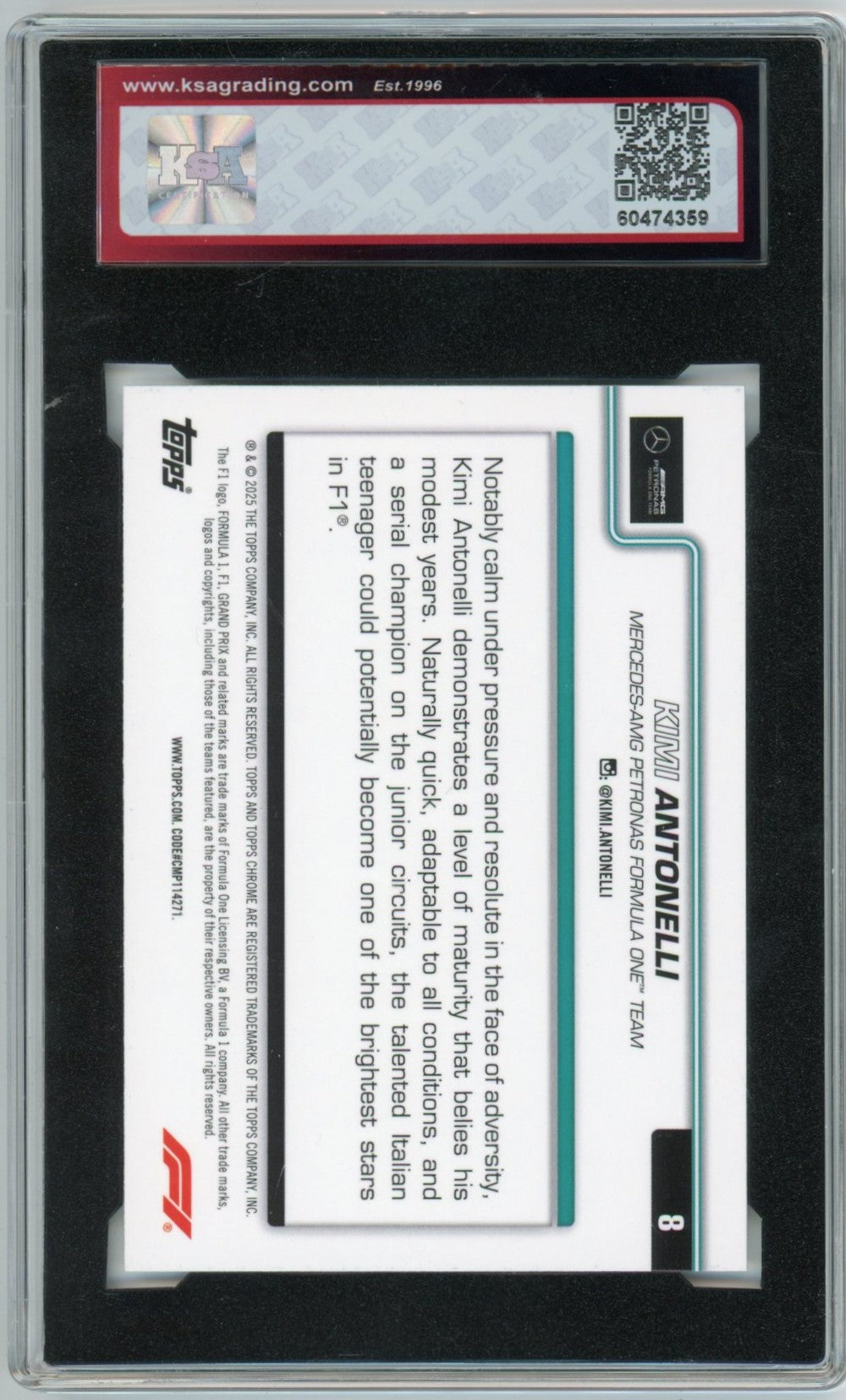 2025 Topps Chrome Formula 1 F1 #8 Kimi Antonelli Graded Rookie Card KSA 9