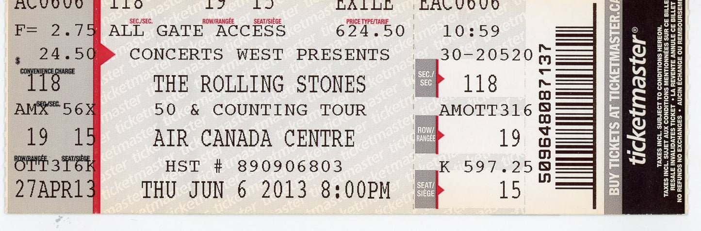 The Rolling Stones Vintage Concert Ticket Stub Air Canada Centre (Toronto, 2013)