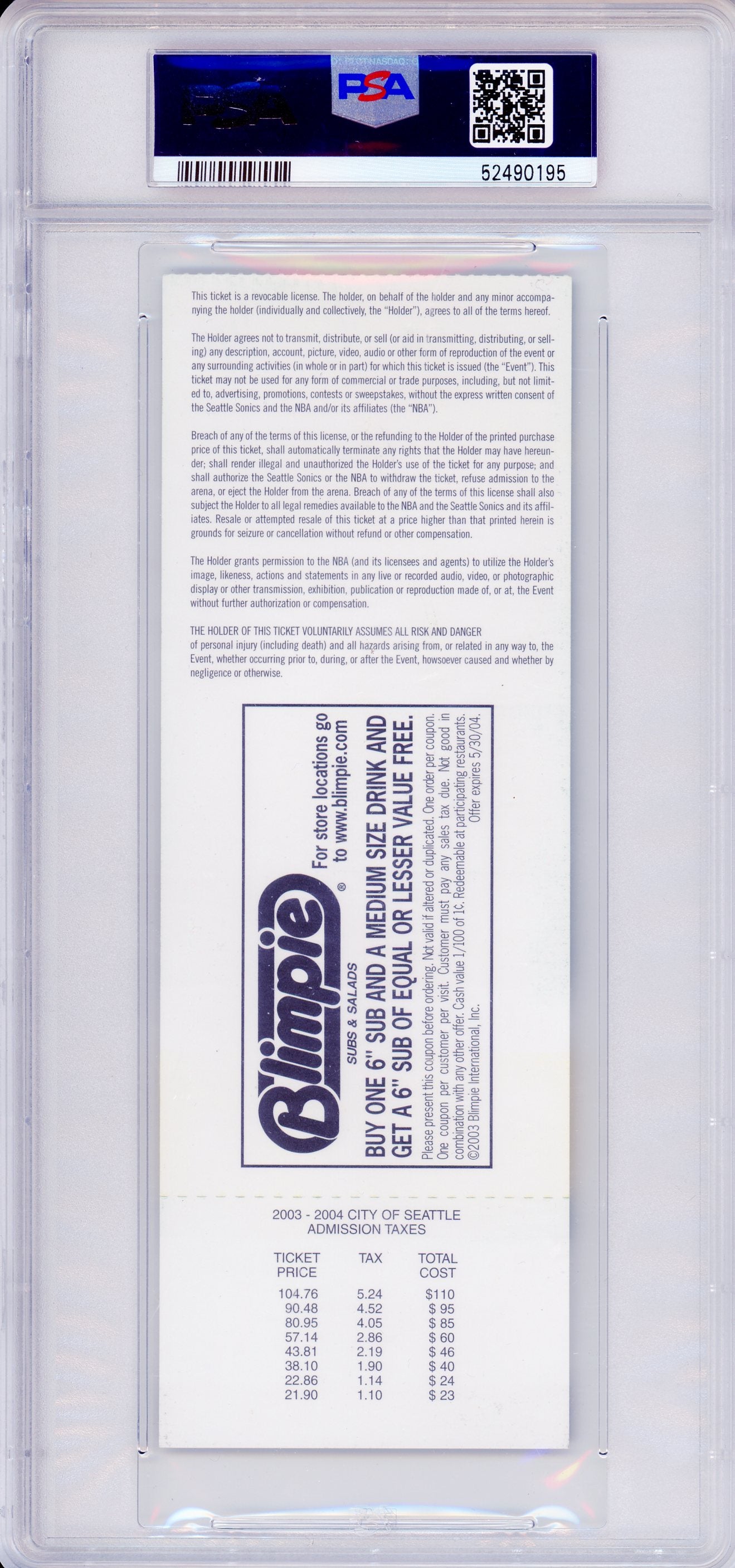 2004 Seattle Supersonics vs. Cleveland Cavaliers LeBron James Pictured Graded Basketball Ticket PSA 7