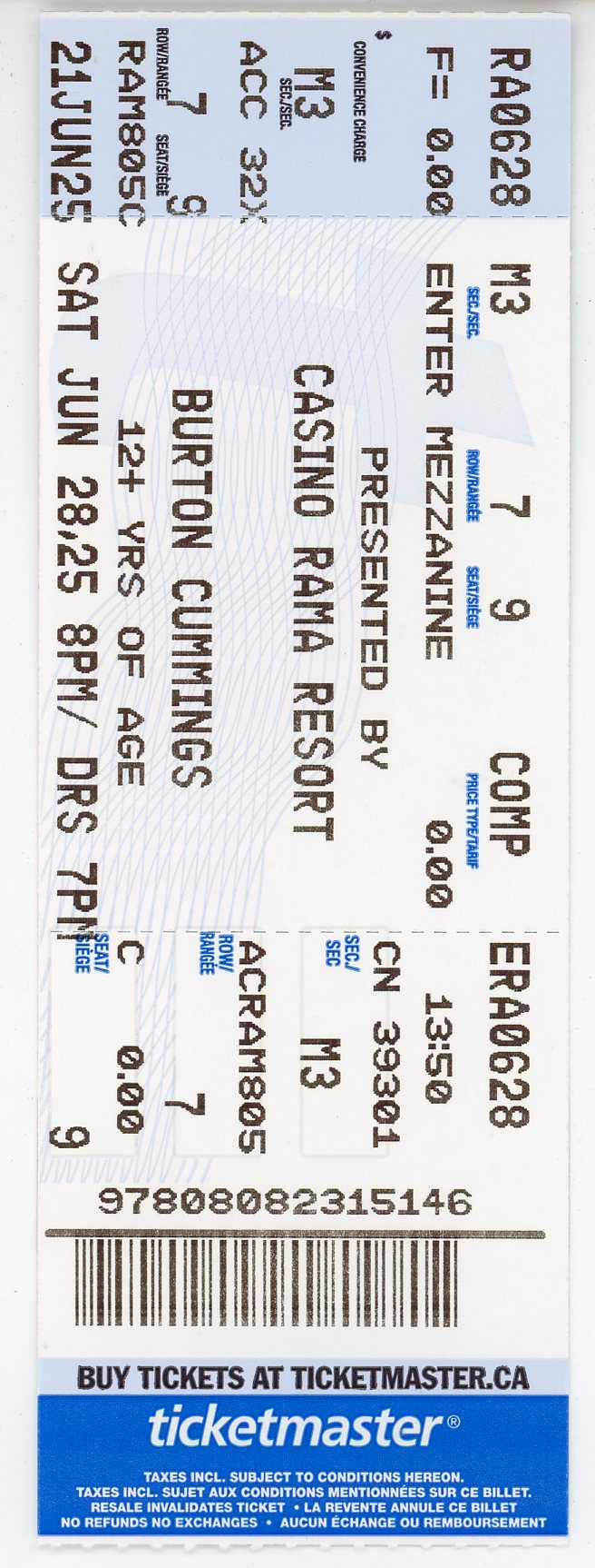 Burton Cummings Concert Ticket Stub Casino Rama Resort (Orillia, 2025)