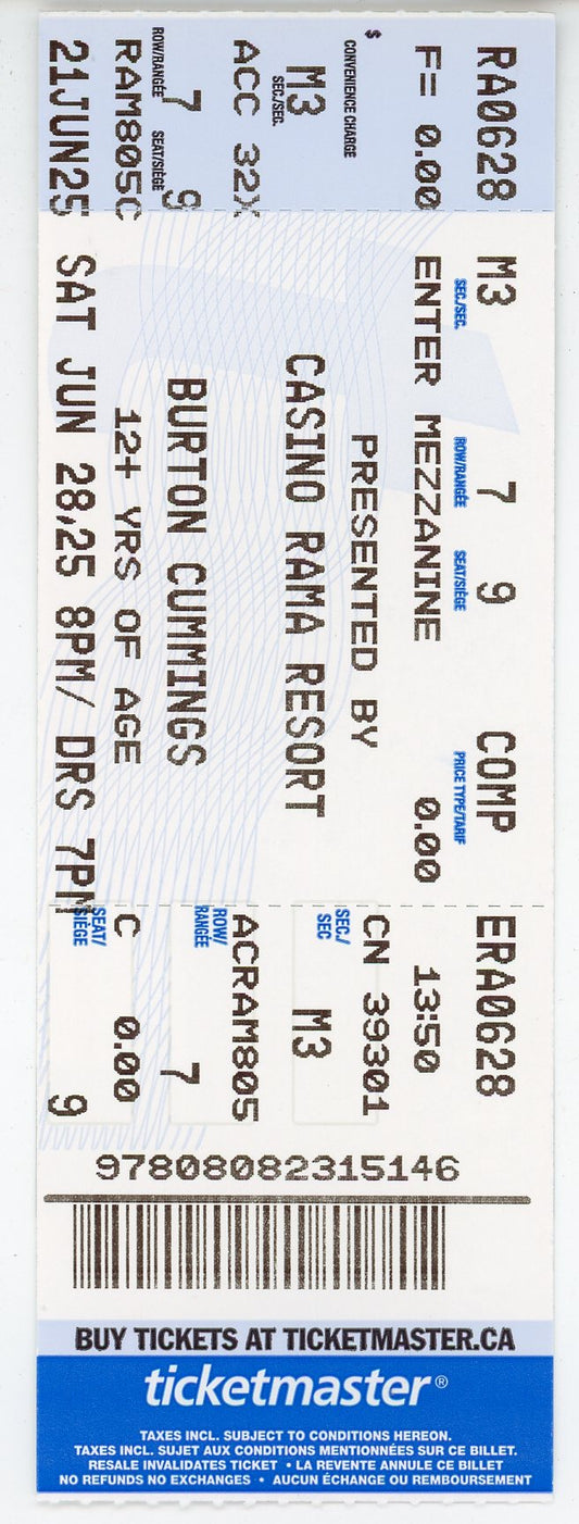 Burton Cummings Concert Ticket Stub Casino Rama Resort (Orillia, 2025)