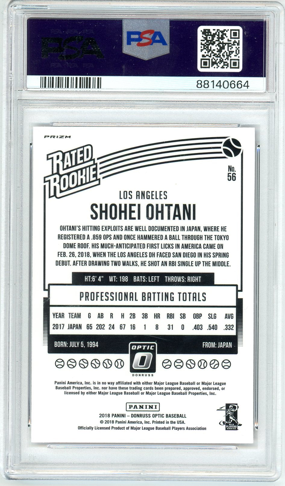 2018 Panini Donruss Optic Shohei Ohtani Graded Rookie Card #56 PSA 9